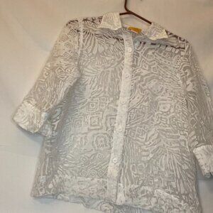 RUBY RD WOMENS 10P 10 PETITE SHEER WHITE BUTTON UP TOP SHIRT BLOUSE coastal